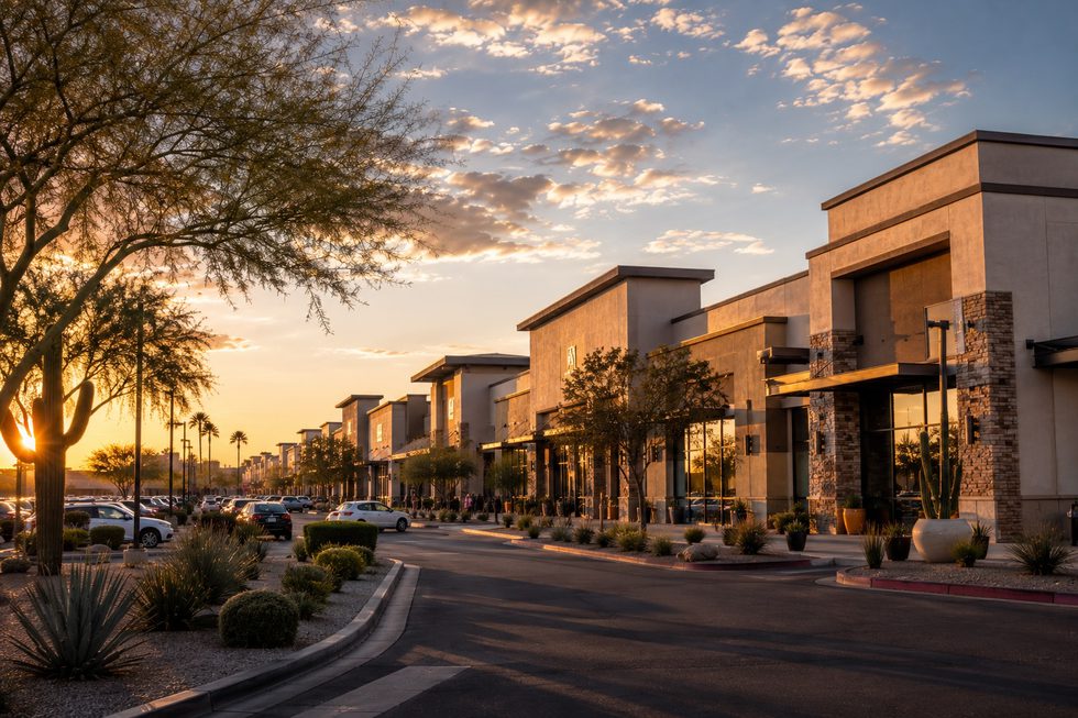 Arizona commercial property exterior at dusk